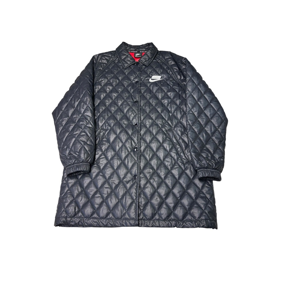 Nike Sportswear Womens Black Diamond Quilted‎ Long Coach Jacket Red Lining Small
